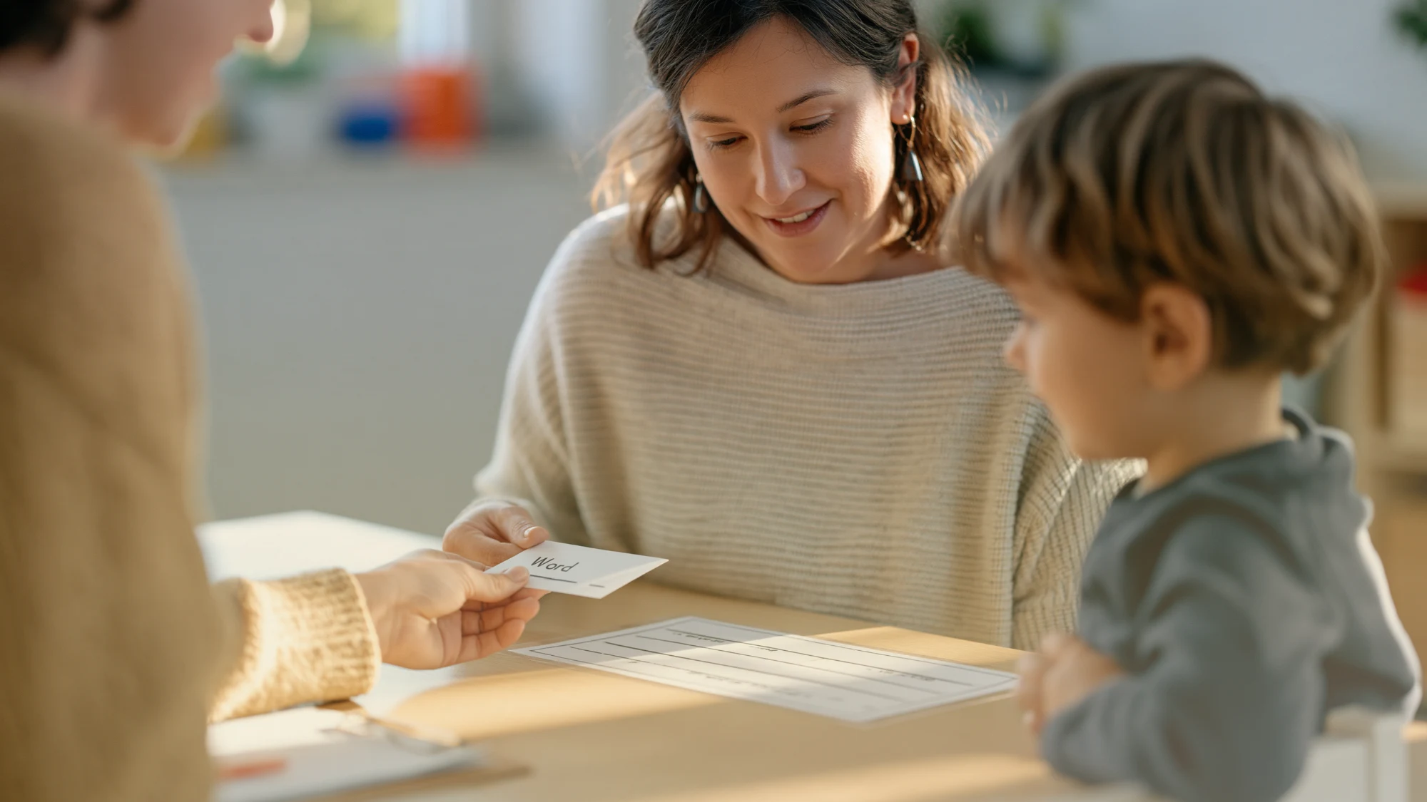 Child undergoing evaluation with speech language pathologist in CT clinic